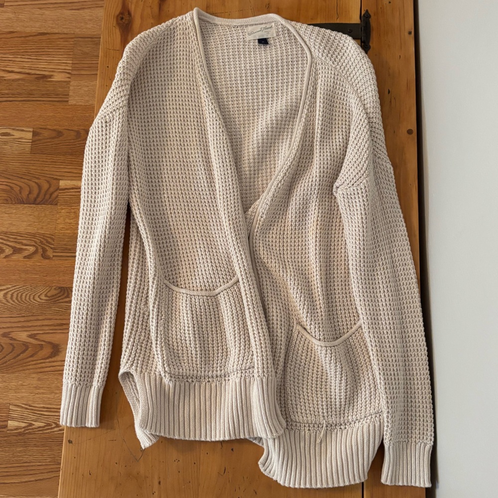 Cream Color Waffle Knit Cardigan Sweater